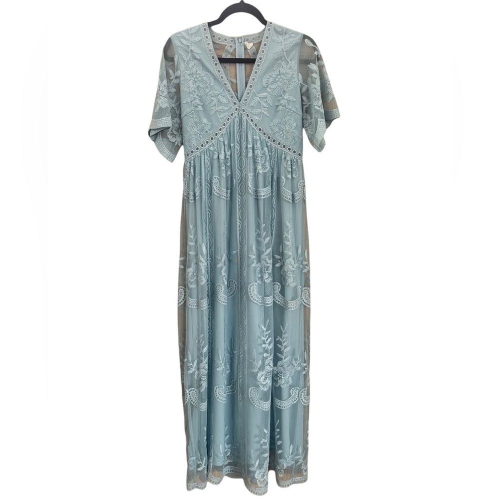Pinkblush Baby Blue Lace Mesh Overlay Maxi Dress, S